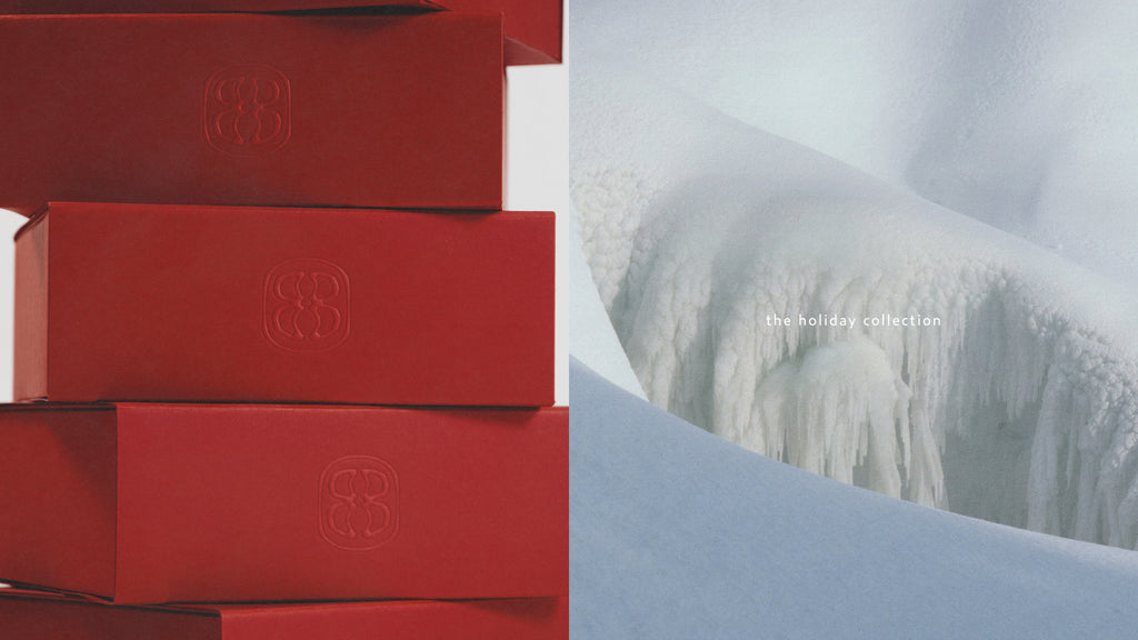 Red box with a logo on a snowy mountain background , text on image reading The holiday collection