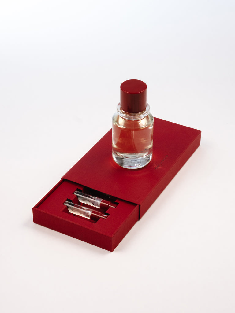 A full-size EdP bottle on top of a EdP discovery set 